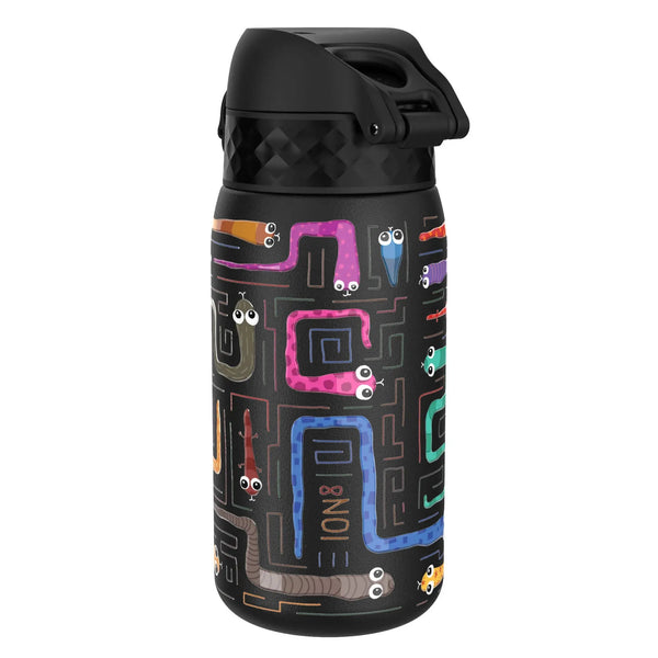 A black water bottle decorated with colorful cartoon worms and maze-like patterns against a plain white background Text on the bottle reads "ION8"