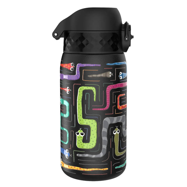 A black water bottle features colorful cartoon snakes with eyes twisting in a maze-like pattern covering its surface.