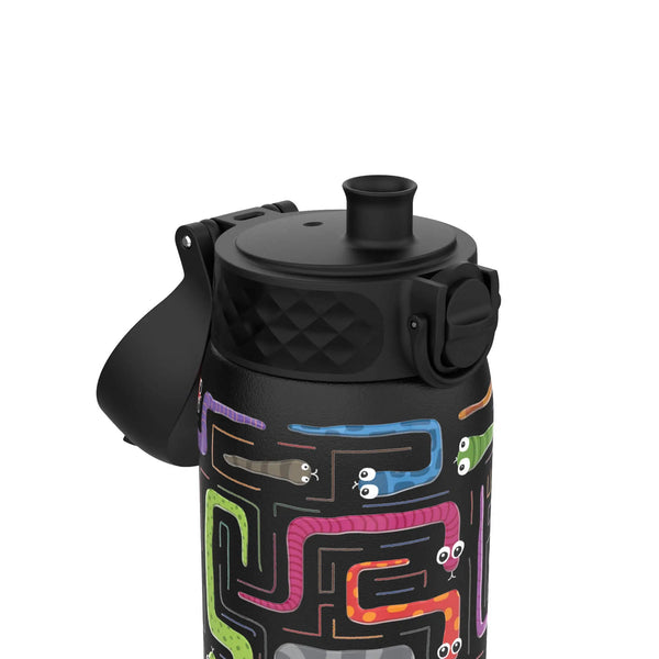 A black water bottle with a flip lid featuring colorful, cartoon snakes winding around the surface in a playful, maze-like pattern.