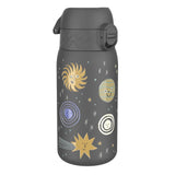 A dark gray thermos bottle features colorful, smiling celestial designs like suns and planets surrounded by small stars in a space-themed pattern.