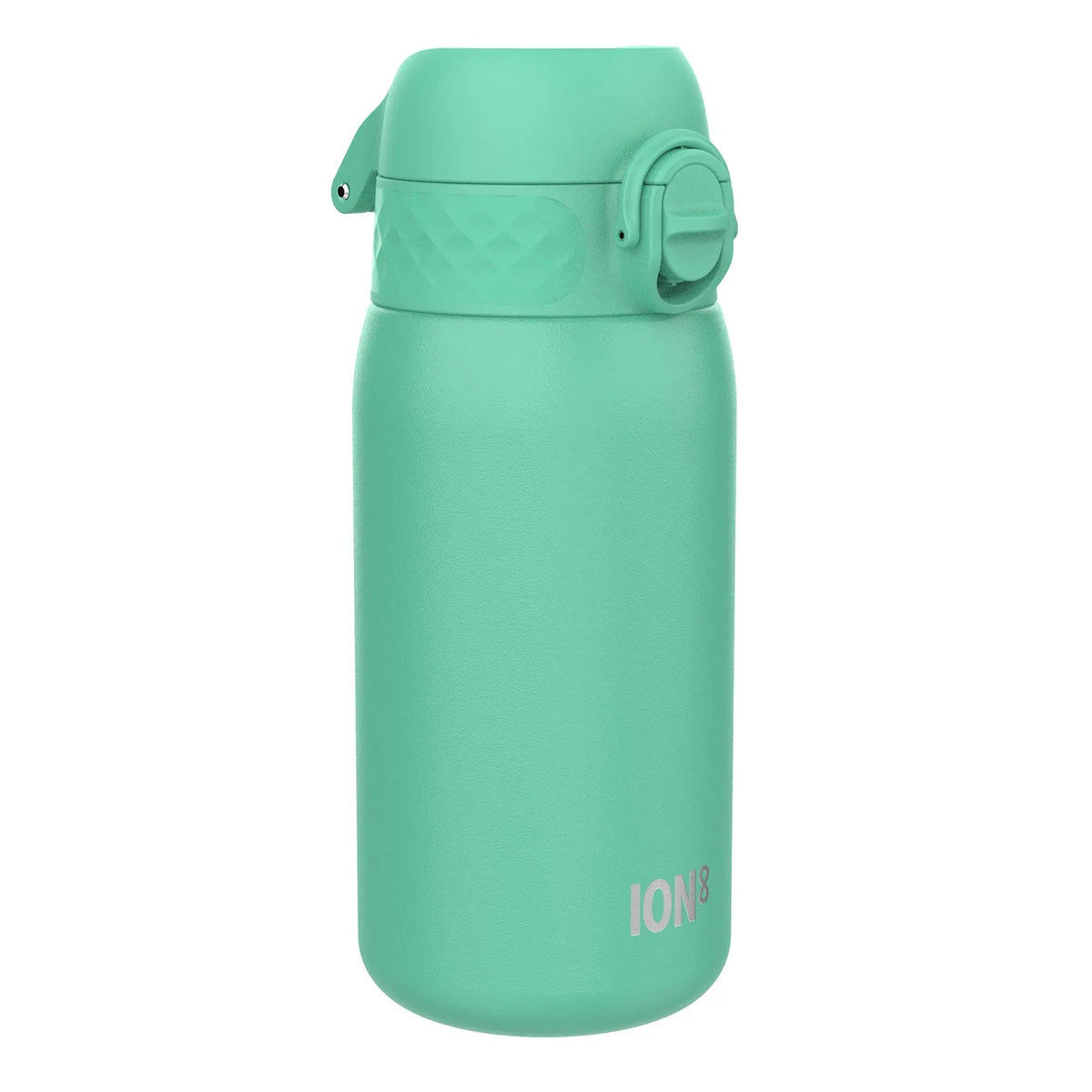 Turquoise water bottle standing upright featuring a secure flip-top lid and textured grip suitable for on-the-go hydration in a simple white background context with "ION8" text near the base