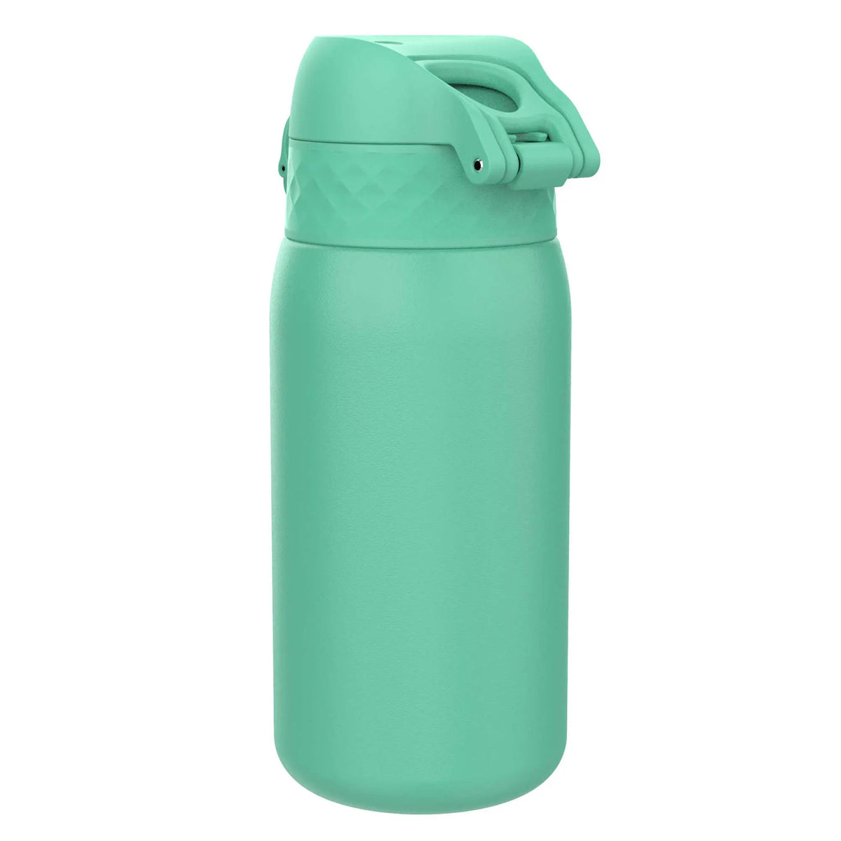 A mint green water bottle stands upright with a diamond-textured lid featuring a flip-up handle on a plain white background.