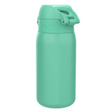 A mint green water bottle stands upright with a diamond-textured lid featuring a flip-up handle on a plain white background.