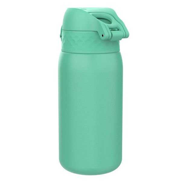 A mint green water bottle stands upright with a diamond-textured lid featuring a flip-up handle on a plain white background.