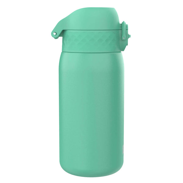 A mint-green water bottle stands upright with a flip-top lid in a plain white background context.