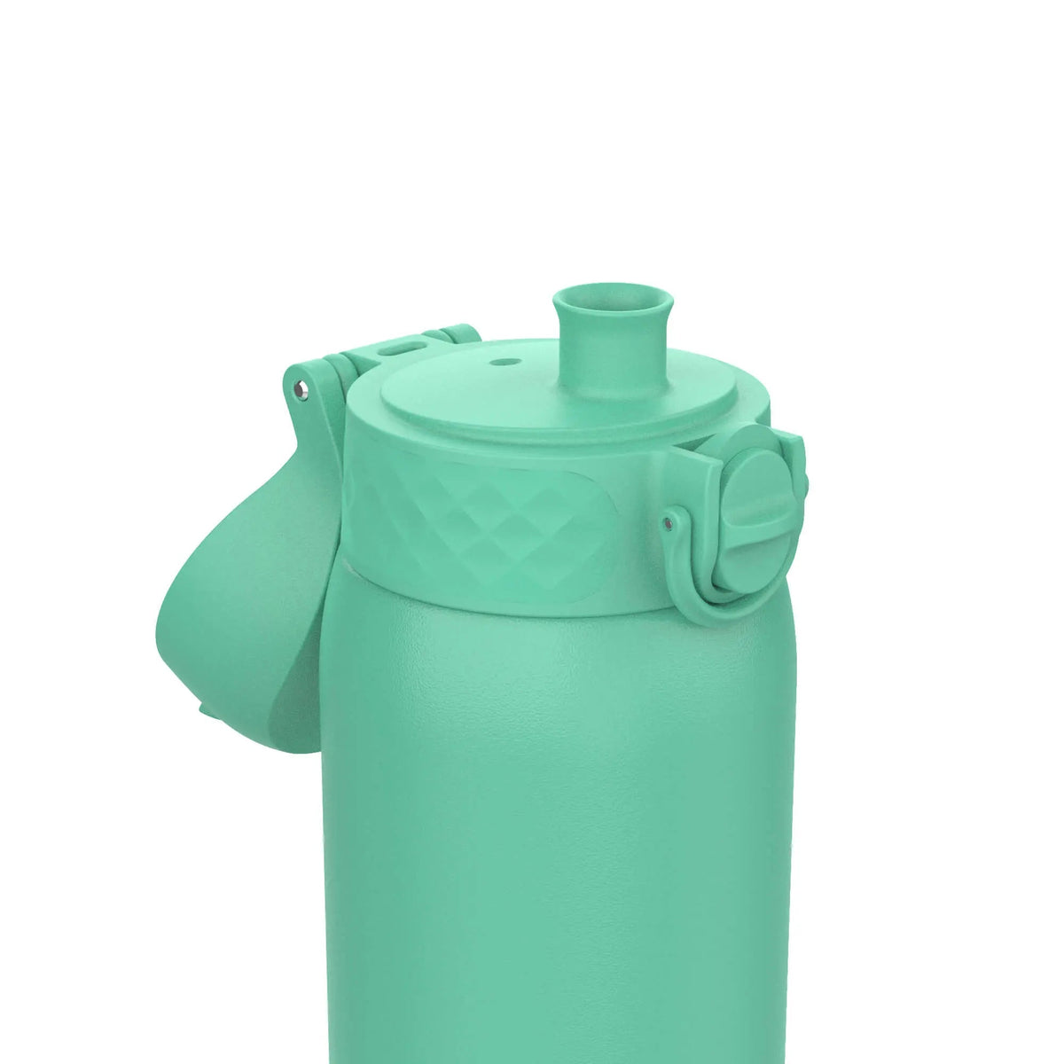 A mint-green water bottle features a flip-top lid with a spout closed by a latch situated against a plain white backdrop.