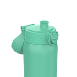 A mint-green water bottle features a flip-top lid with a spout closed by a latch situated against a plain white backdrop.