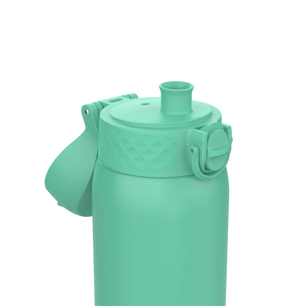 A mint-green water bottle features a flip-top lid with a spout closed by a latch situated against a plain white backdrop.