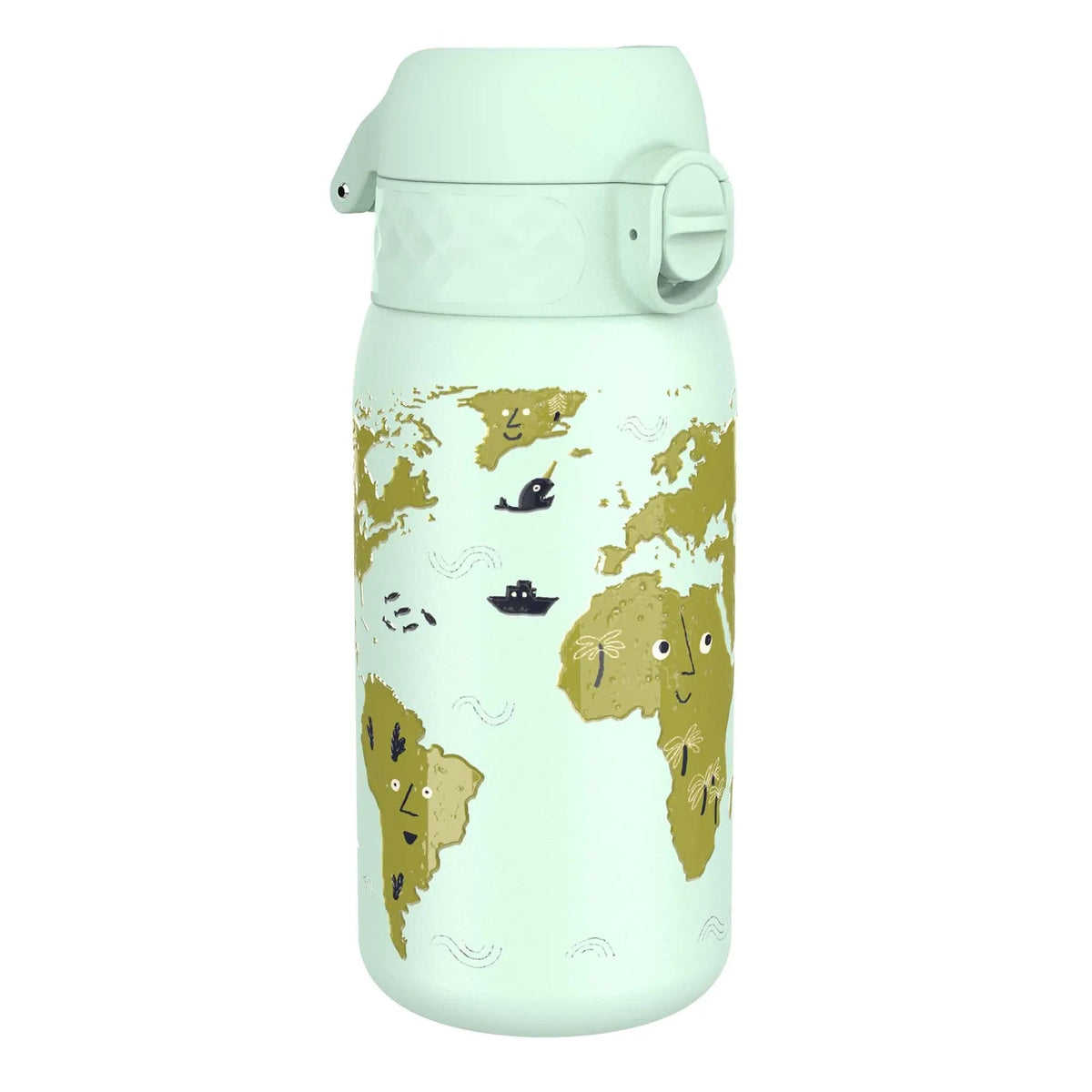 A light green water bottle displays a whimsical map featuring smiling continents, playful sea creatures, and tiny boats, set against a simple background.