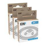 Three ION8 branded cardboard boxes displayed in a staggered formation featuring lid seals depicted with illustrations for various bottle sizes. Text includes ION8 LID SEALS 320ml - 1200ml.