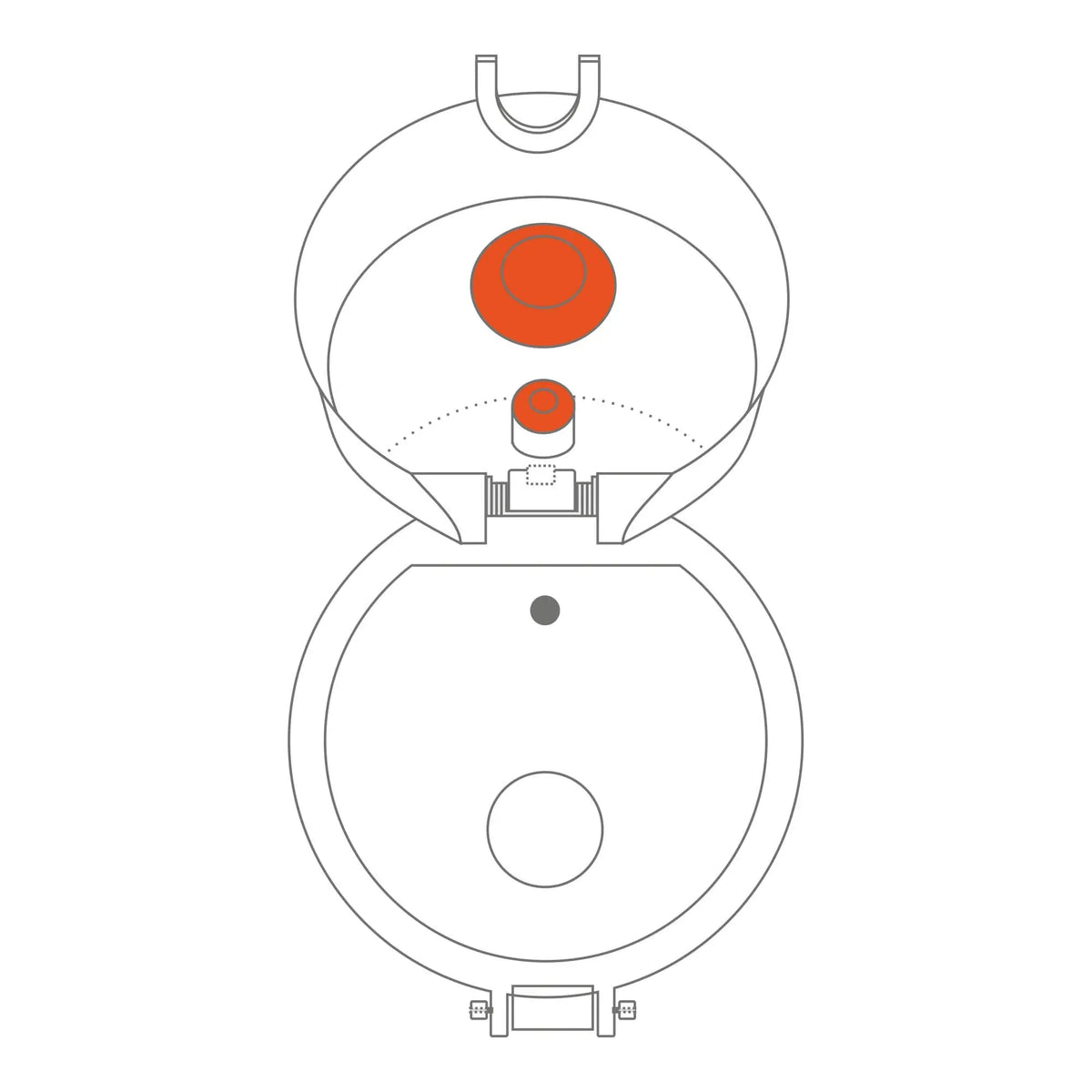 Toilet bowl diagram displaying open lid with visible red highlighted flushing mechanism inside a simple white background setting