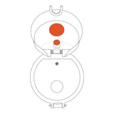 Toilet bowl diagram displaying open lid with visible red highlighted flushing mechanism inside a simple white background setting