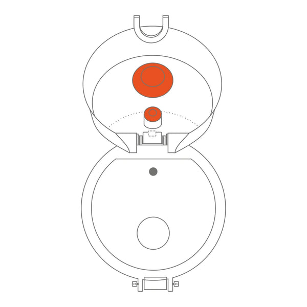 Toilet bowl diagram displaying open lid with visible red highlighted flushing mechanism inside a simple white background setting