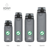 Four gray Ion8 water bottles of varying heights stand upright with green check marks on each. The bottles are labeled Pod Slim Tour Quench on a plain white background. Text reads ION8 LEAKPROOF.