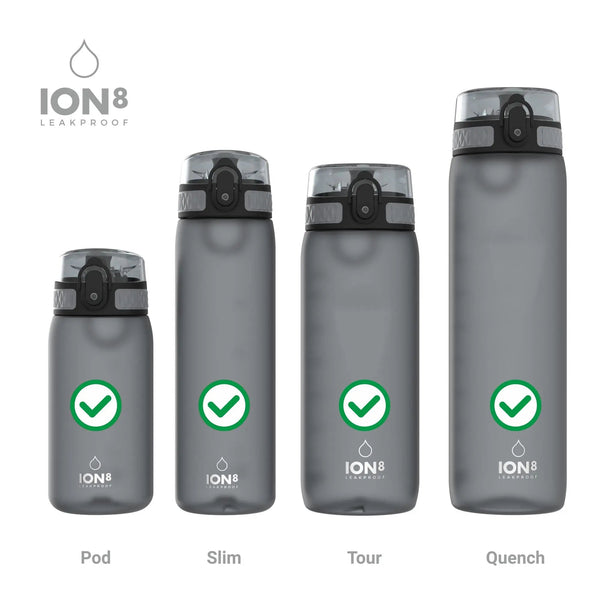 Four gray Ion8 water bottles of varying heights stand upright with green check marks on each. The bottles are labeled Pod Slim Tour Quench on a plain white background. Text reads ION8 LEAKPROOF.