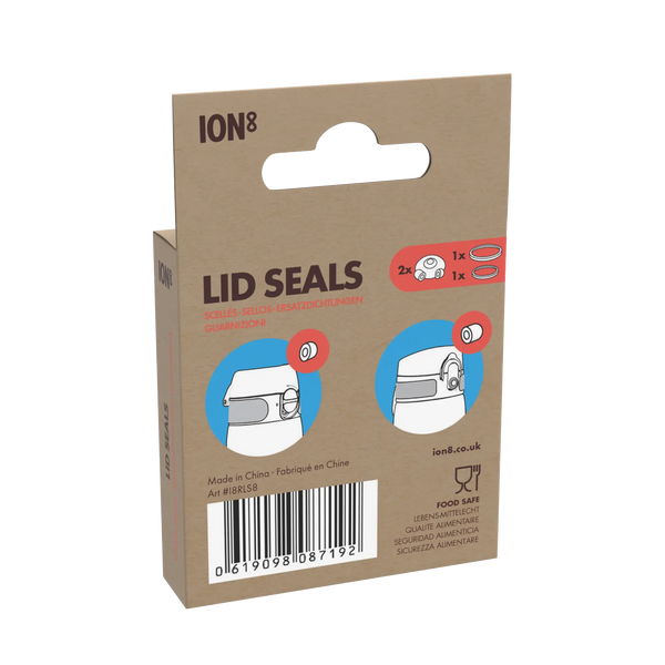 A cardboard packaging displays "ION8 LID SEALS" with diagrams of seals for bottle lids. Text reads "Made in China Fabriqué en Chine Art #I8RLS8" and features a barcode.