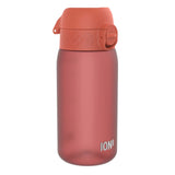 A red water bottle with a flip-top lid stands upright against a white background ION8 is written in white text near the base