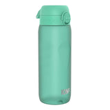 A teal water bottle with a flip-top lid stands upright against a white background ION8 is printed near the bottom.