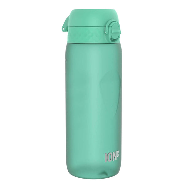 A teal water bottle with a flip-top lid stands upright against a white background ION8 is printed near the bottom.