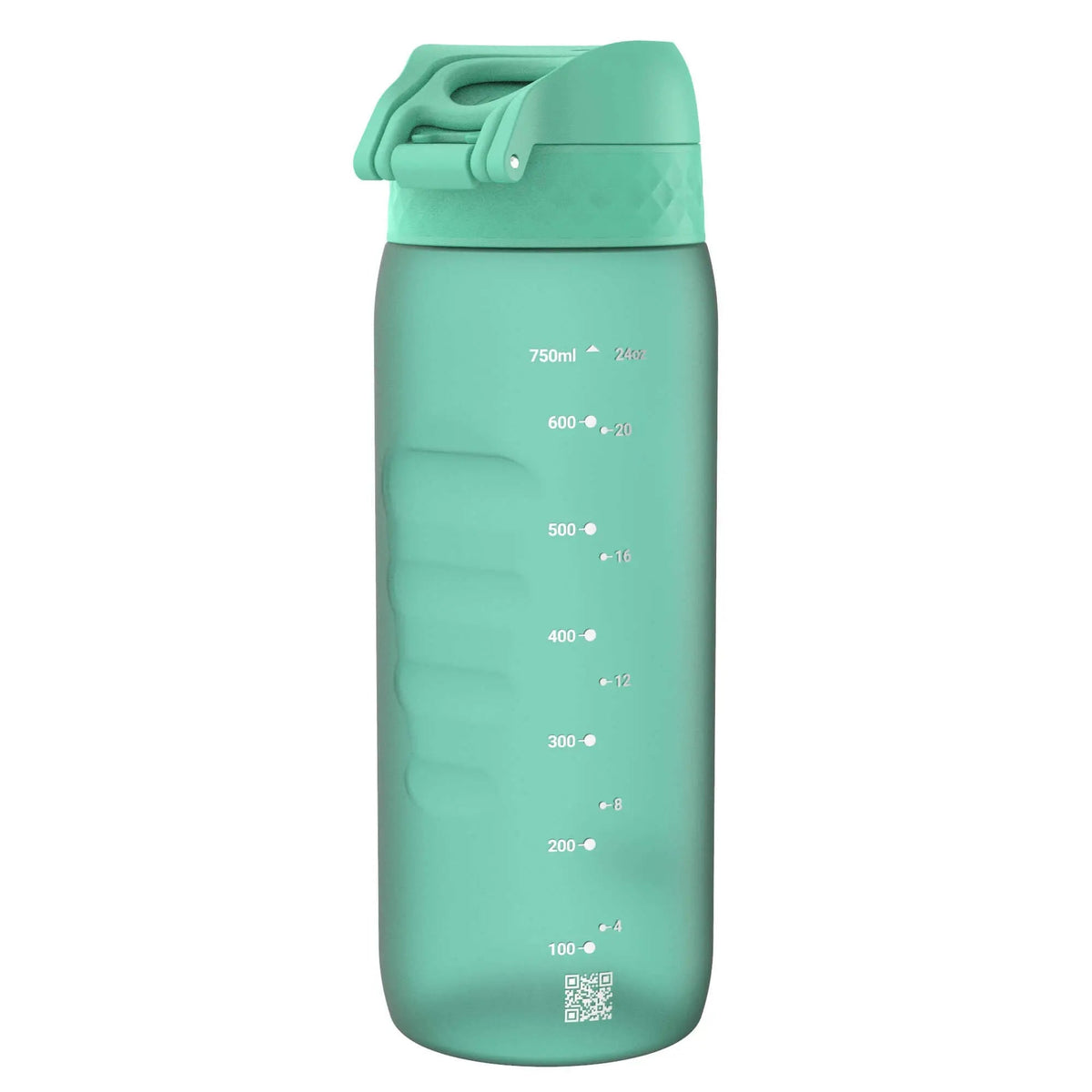 A green water bottle features a flip-top lid with a grip design showing volume markings from 100ml to 750ml alongside ounce equivalents in a plain white background.