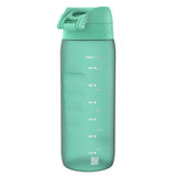 A green water bottle features a flip-top lid with a grip design showing volume markings from 100ml to 750ml alongside ounce equivalents in a plain white background.