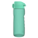 A mint green plastic water bottle stands upright with a flip-top lid and textured grip section on the side against a plain white background.
