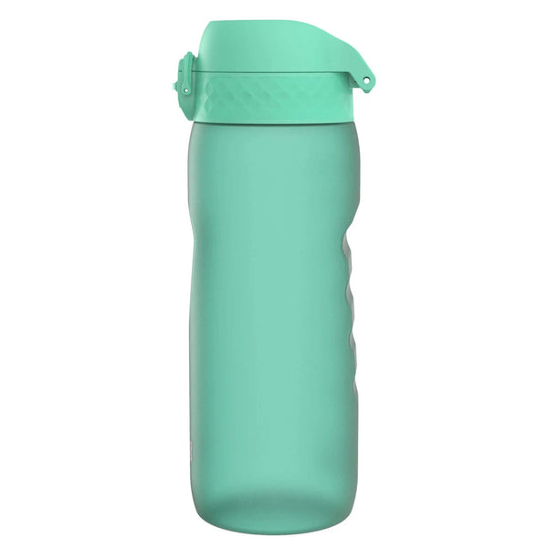 A mint green plastic water bottle stands upright with a flip-top lid and textured grip section on the side against a plain white background.