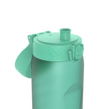 Green water bottle standing upright with a closed spout lid engaged in no action against a plain white background