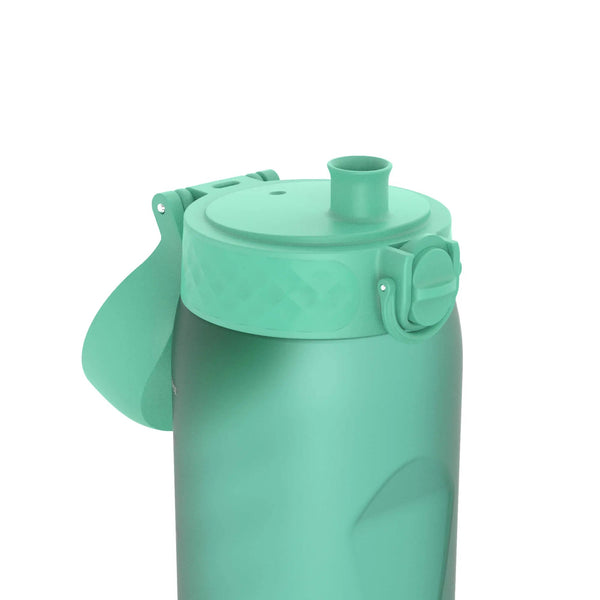 Green water bottle standing upright with a closed spout lid engaged in no action against a plain white background