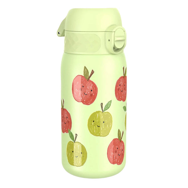 A green thermos bottle featuring cheerful red and green apple illustrations is standing upright against a white background.