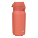 A coral-colored thermos bottle with a flip-top lid stands upright against a white background ION8 is printed on the base.