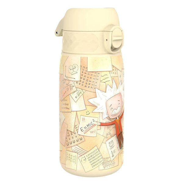 A beige thermos features a cartoon scientist with messy hair, holding a paper labeled E=mc² amidst numerous scattered papers with calculations and diagrams.