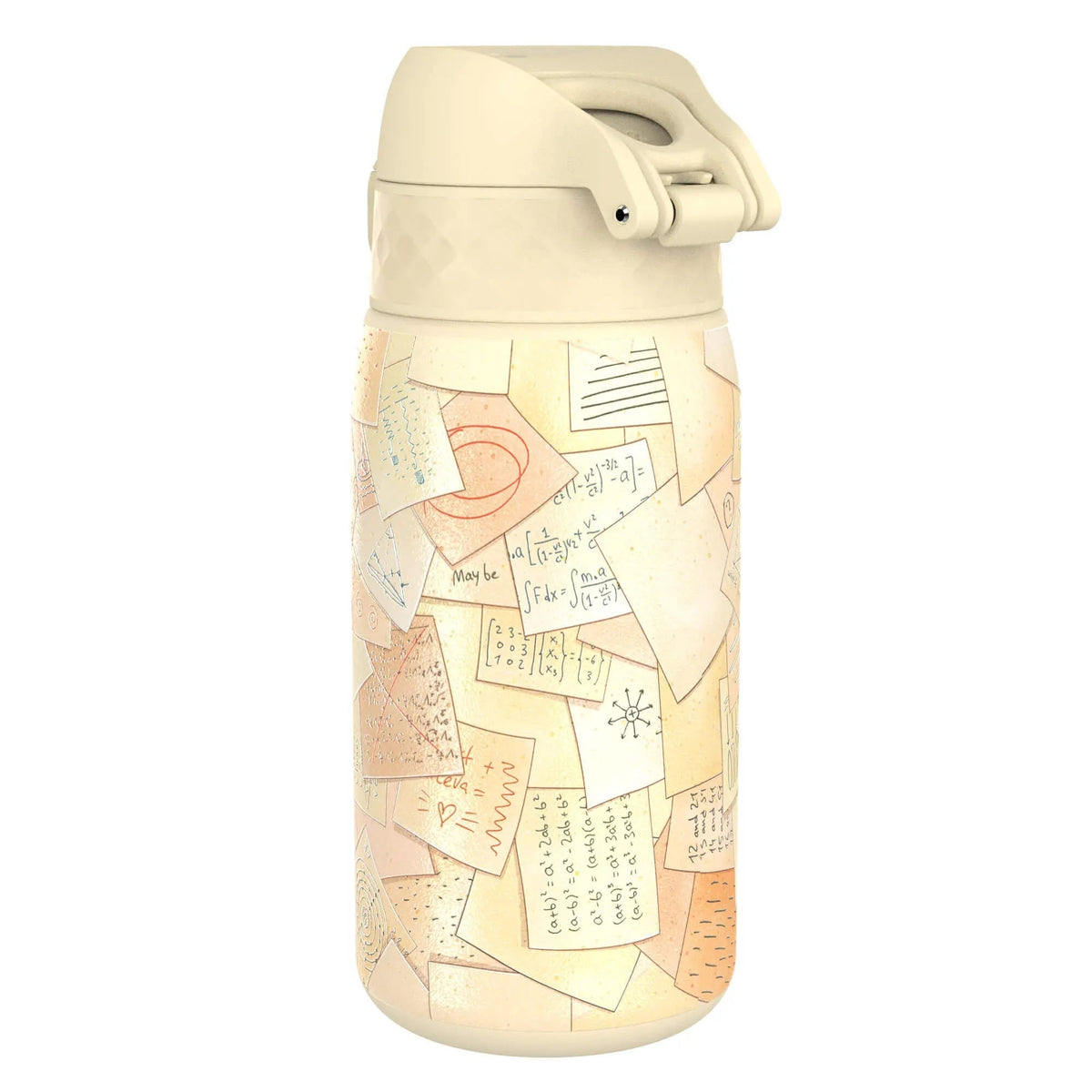 Water bottle displaying a collage-style pattern of paper notes featuring handwritten mathematical equations and doodles on a light-colored background