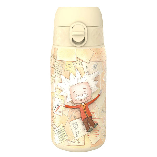 A beige thermos depicts a cartoon scientist with wild white hair, holding a paper labeled "E=mc² Yes!" surrounded by papers with scientific diagrams and numbers.