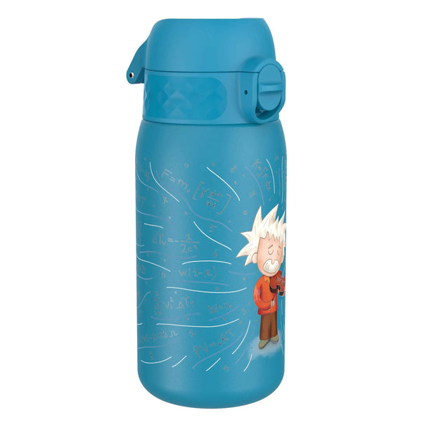 Blue thermos bottle featuring a cartoon scientist playing violin surrounded by mathematical equations including F=ma PV=nRT in a scientific theme