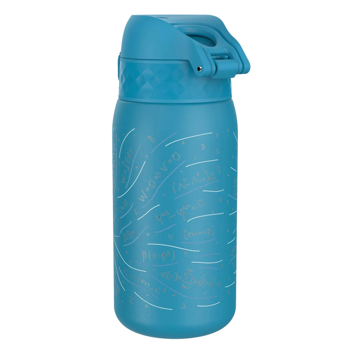 A blue insulated bottle featuring engraved mathematical equations scattered across its surface set against a plain white background.
