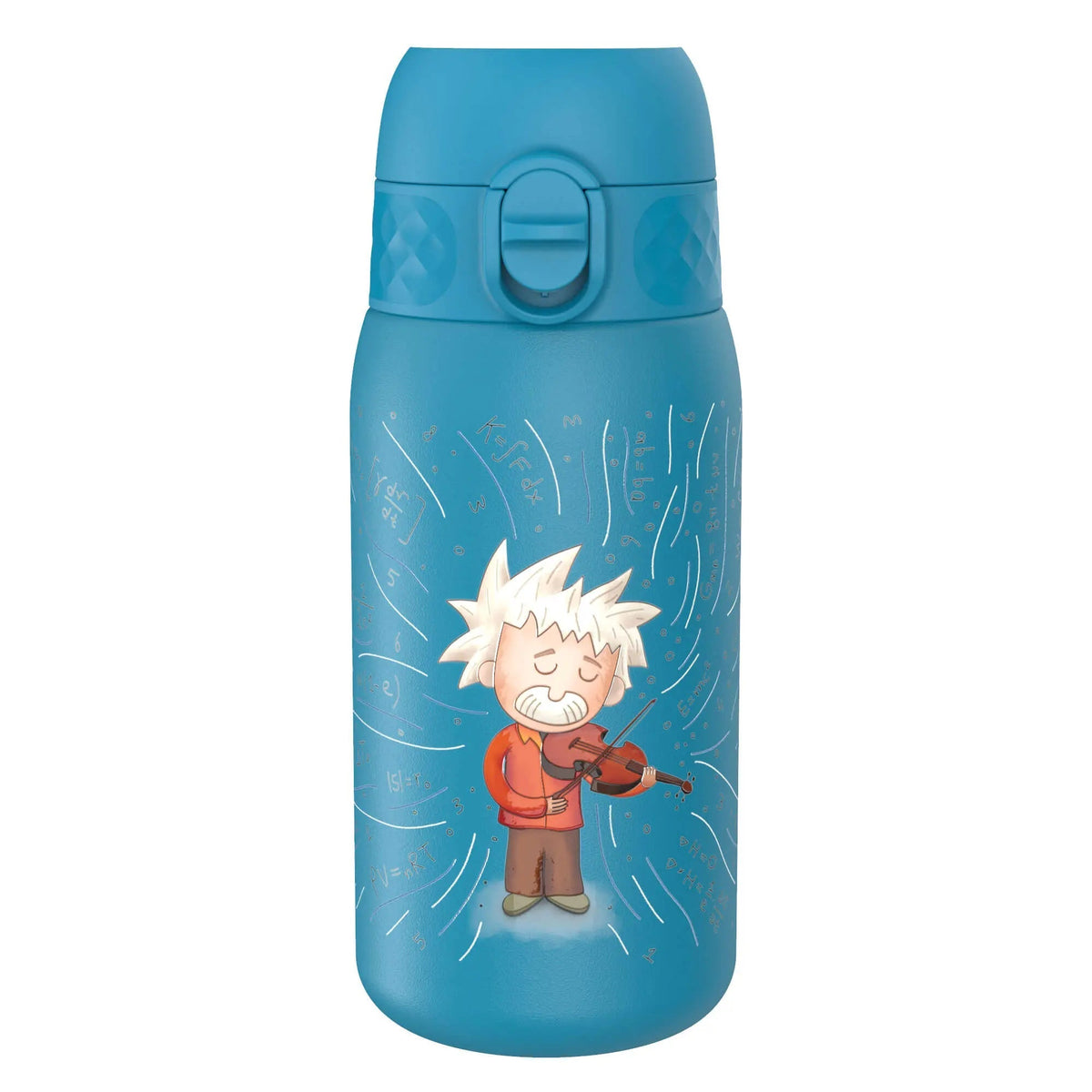 A blue water bottle features a cartoon character with spiky white hair playing a violin surrounded by mathematical equations and symbols in a whimsical scientific theme.