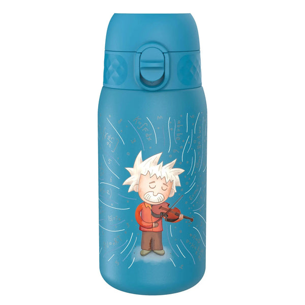 A blue water bottle features a cartoon character with spiky white hair playing a violin surrounded by mathematical equations and symbols in a whimsical scientific theme.