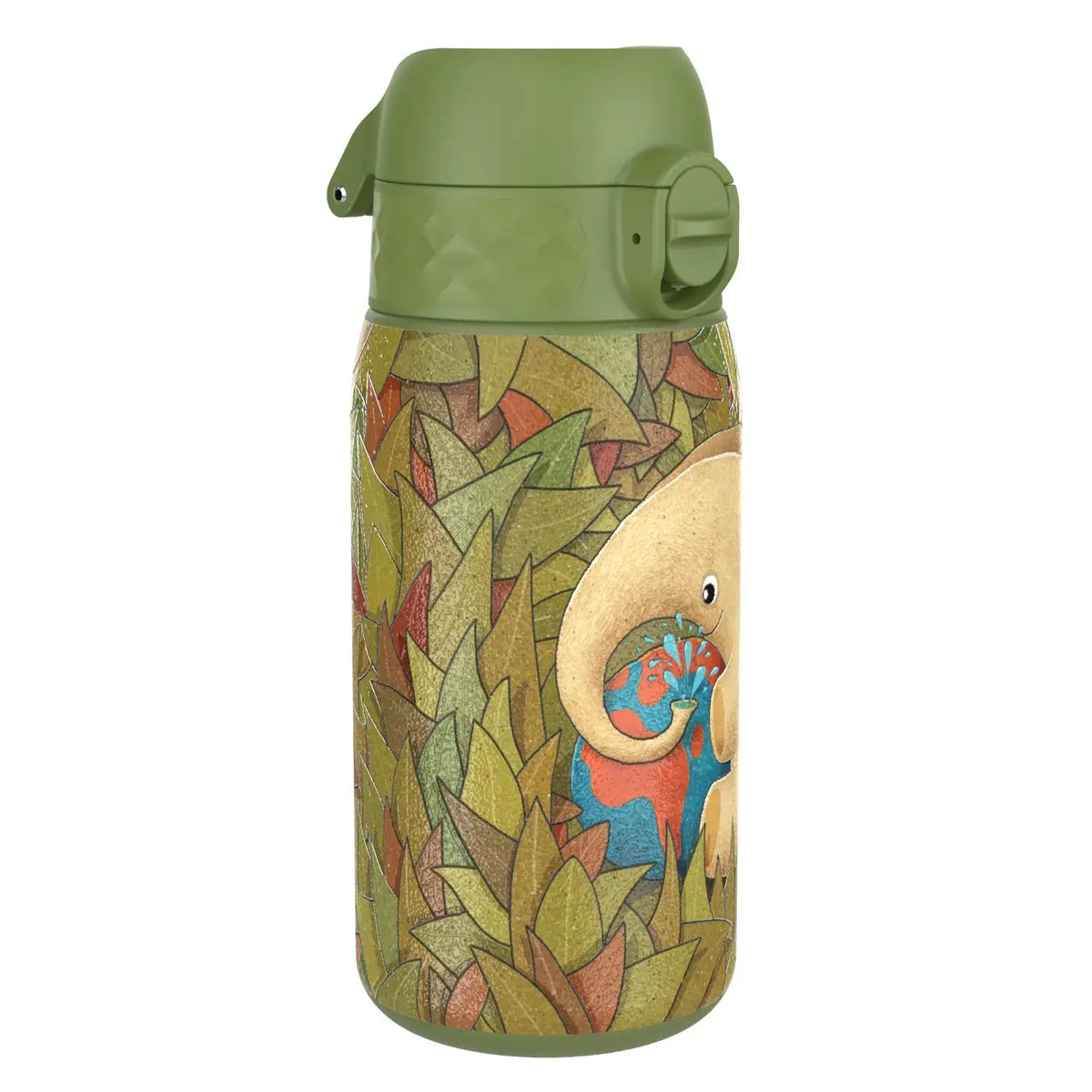 A green thermos bottle features an elephant amidst colorful leaves, holding a blue object with its trunk in a whimsical, nature-inspired design.