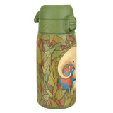 A green thermos bottle features an elephant amidst colorful leaves, holding a blue object with its trunk in a whimsical, nature-inspired design.
