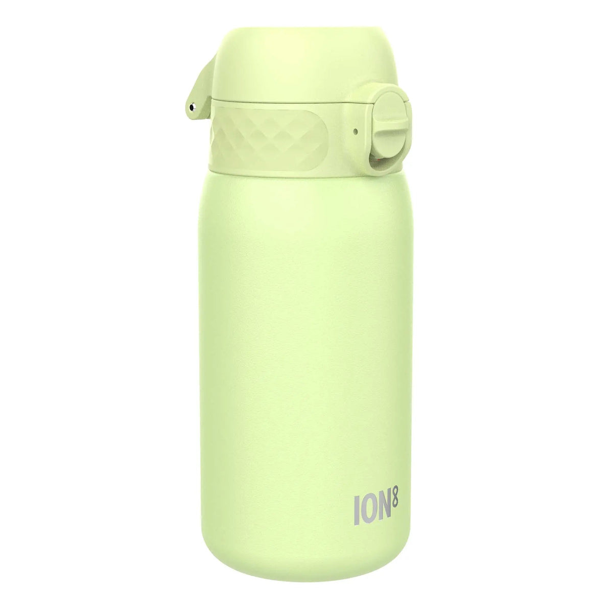 A pale green water bottle stands upright with a flip-top lid secured by a latch. The word "ION8" is written near the base against a plain white background.