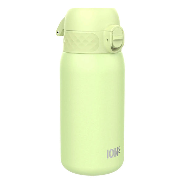 A pale green water bottle stands upright with a flip-top lid secured by a latch. The word "ION8" is written near the base against a plain white background.