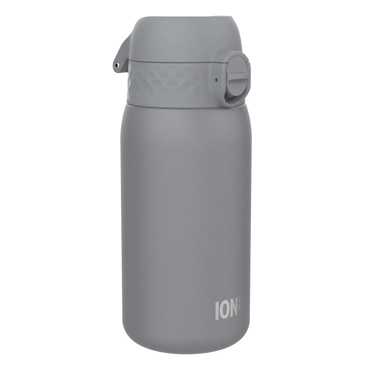A grey water bottle stands upright with a flip-top lid and locking mechanism surrounded by a plain white background Text: ION8