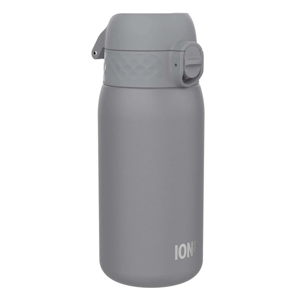 A grey water bottle stands upright with a flip-top lid and locking mechanism surrounded by a plain white background Text: ION8