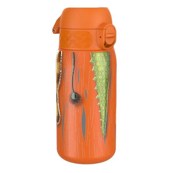An orange water bottle features a dinosaur scale design with textured green scales and spikes set against a plain white background.