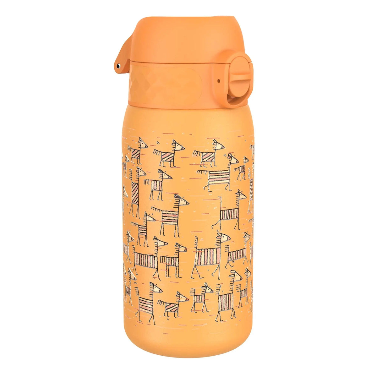 An orange water bottle features a flip-top lid and is decorated with whimsical, hand-drawn zebras in various poses scattered across its surface, set against a plain background.