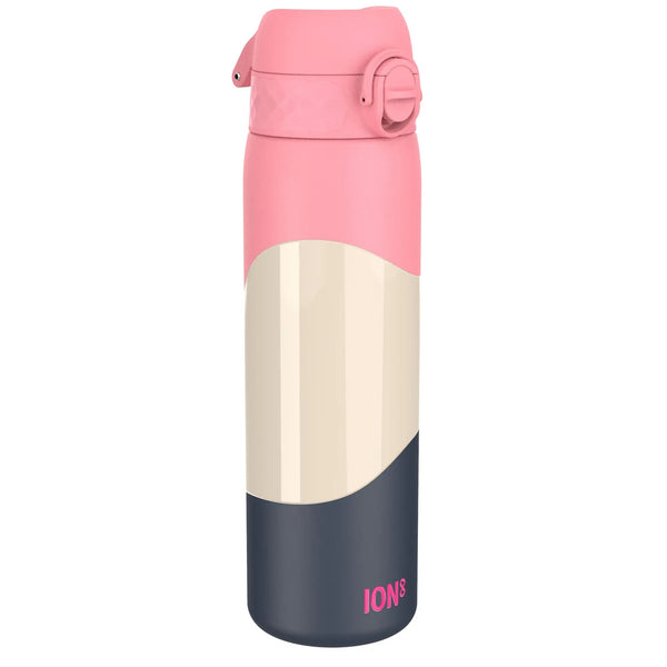 A tri-colored water bottle with a pink lid stands upright against a plain background ION8 is written vertically at the bottom in pink letters