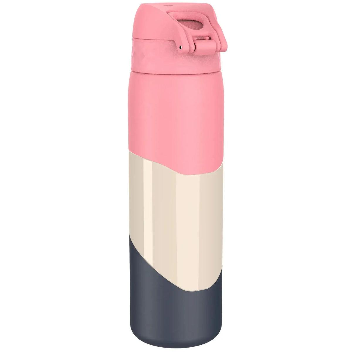 Pink and gray water bottle standing upright with a flip-top lid in a plain white background.