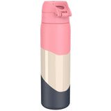 Pink and gray water bottle standing upright with a flip-top lid in a plain white background.