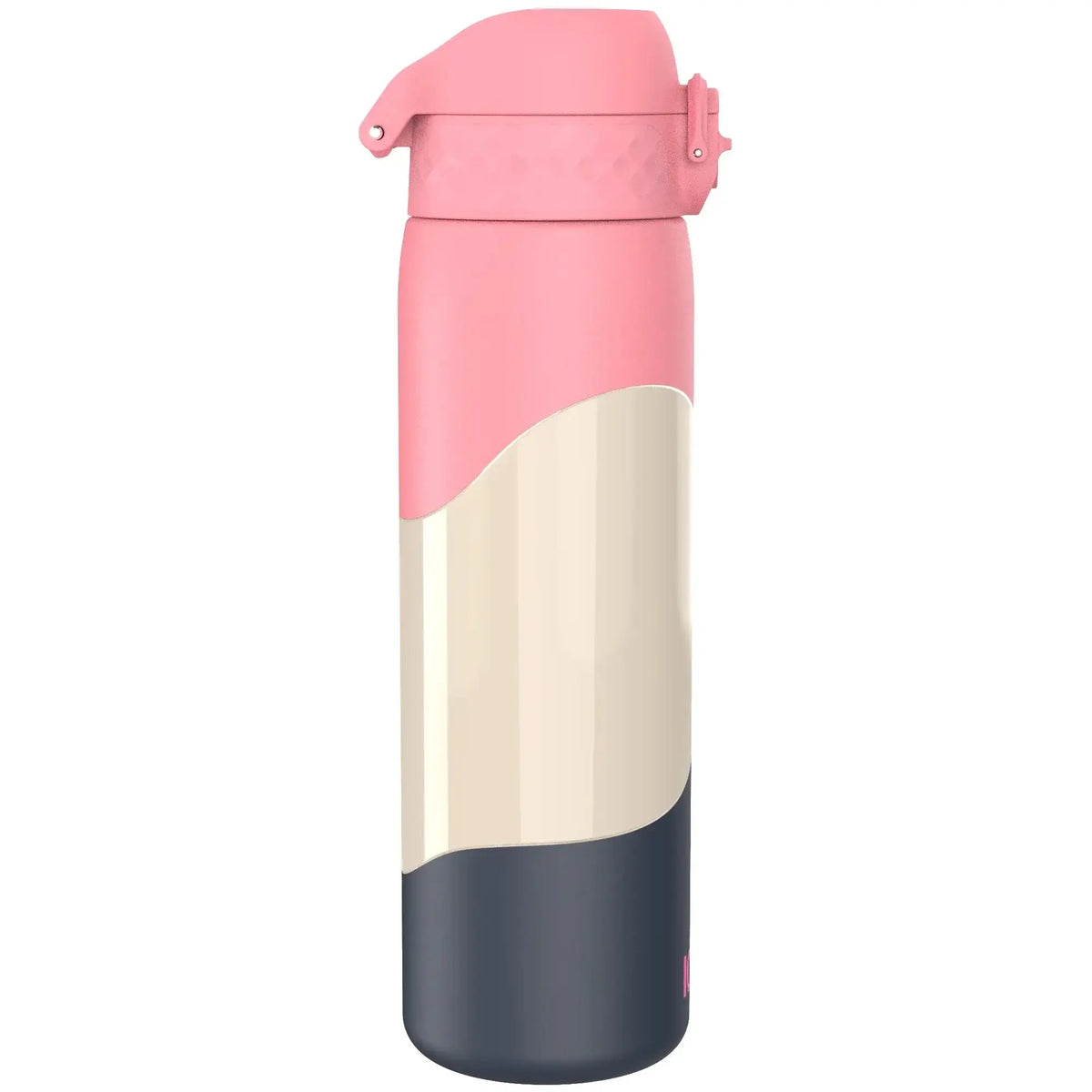 A tall, multicolored thermos bottle with a pink flip-top lid stands upright against a plain white background.